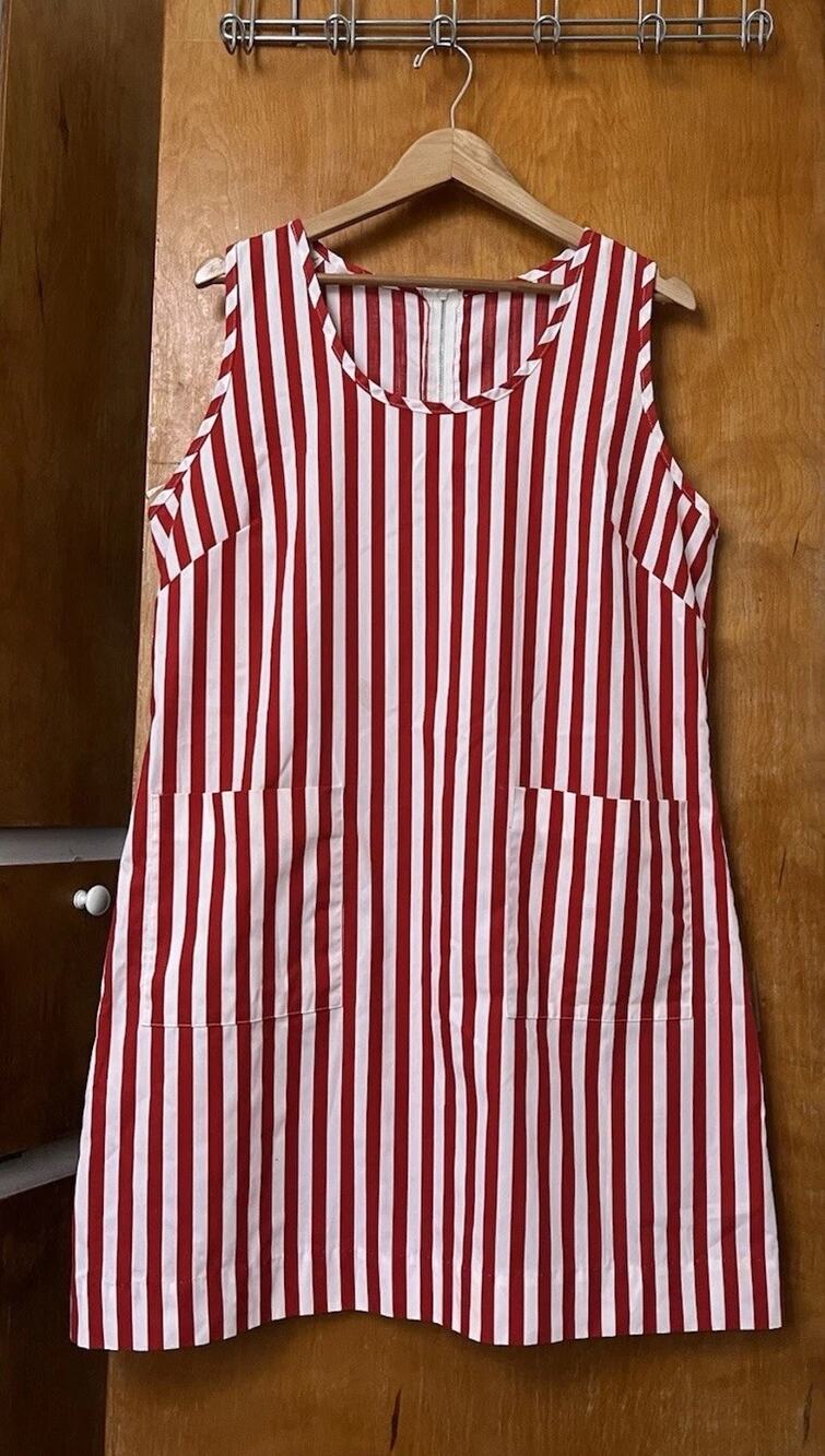 Vintage 60s Red White Striped Shift Tank Dress Pockets Mini Mod Sz L Sleeveless